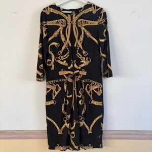 J. McLaughlin Black Gold Equestrian Print Catalina Cloth 3/4 Sleeve Dress Size L